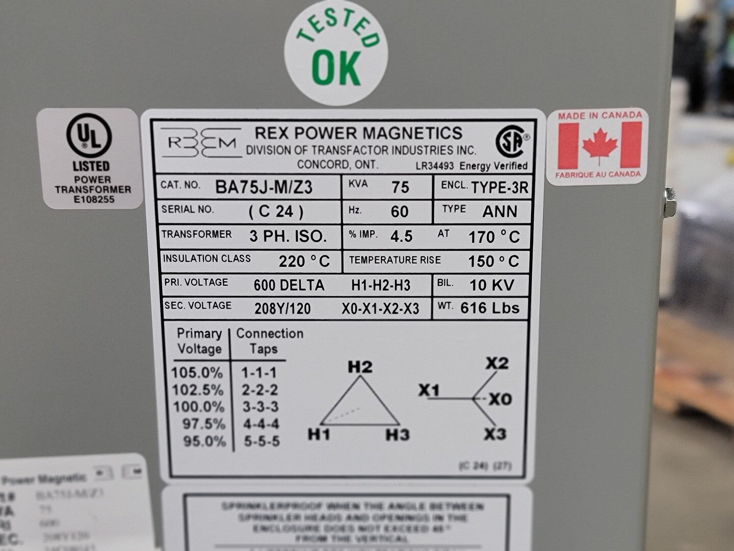 75 KVA 600 Primary, 208Y/120 Secondary, Rex Power Magnetics, isolation transformer, dry, new - Image 2