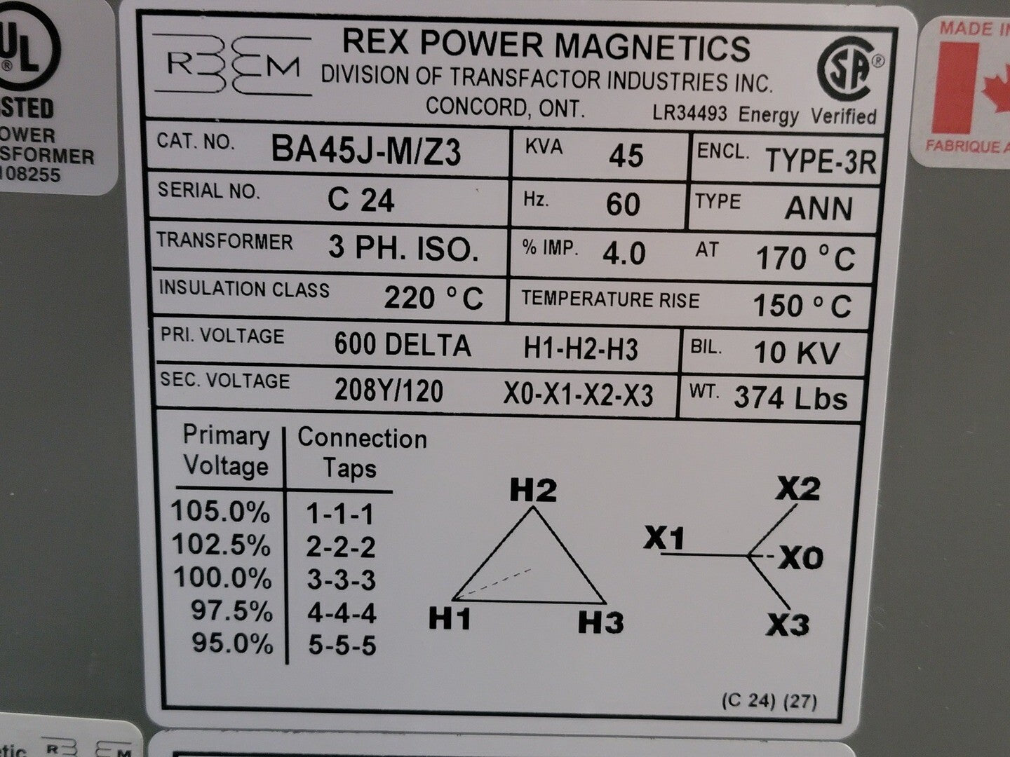 45 KVA 600 Primary, 208Y/120 Secondary, Rex Power Magnetics, isolation transformer, dry, new - Image 2
