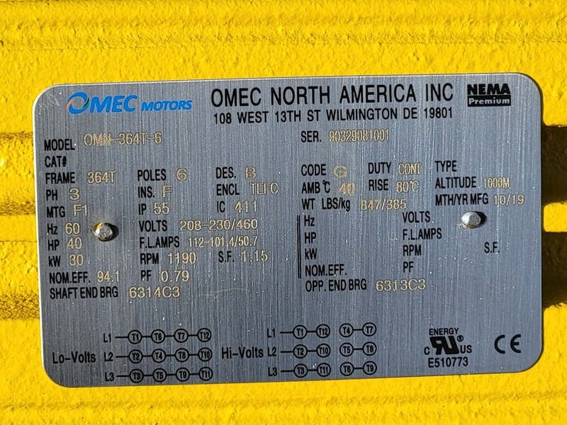 40 HP 1190 RPM OMEC OMN-364T-6, Frame 364T, continuous duty, 208-230/460 Volts, new - Image 2