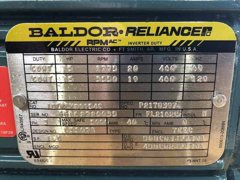 15 HP 1775 RPM Baldor IDFRPM21154C, Frame FL2162CZ, continuous duty, 460 Volts, new - Image 2