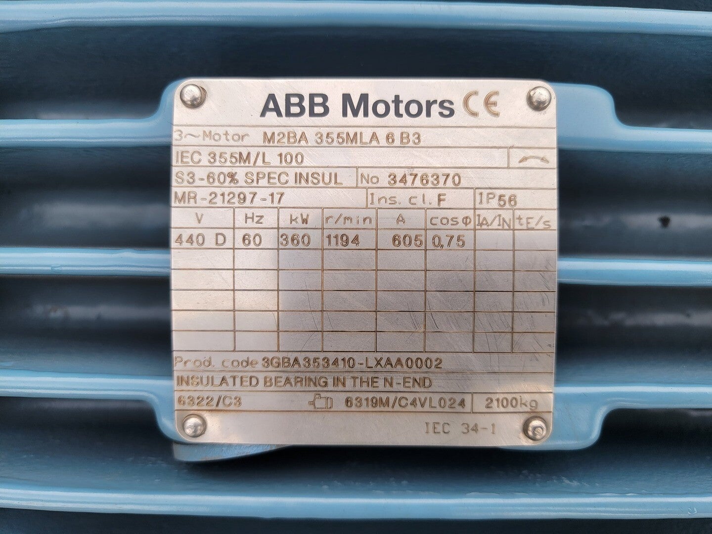 480 HP 1194 RPM ABB M2BA355MLA6B3, Frame 355M/L, TE, cast iron frame, 440 Volts, new - Image 2