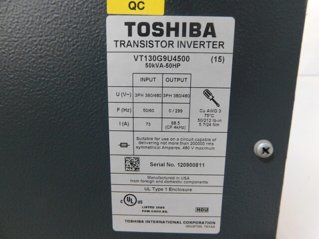 50 HP Toshiba, VT130G9U4500, adjustable speed drive, 50 KVA, 480 Volts, 3 phase - Image 5