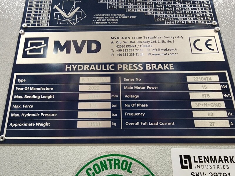 175 Ton, MVD iBend #B175-3700, hydraulic press brake, 12' overall, 125.98" between housing, 10.24" stroke - Image 3