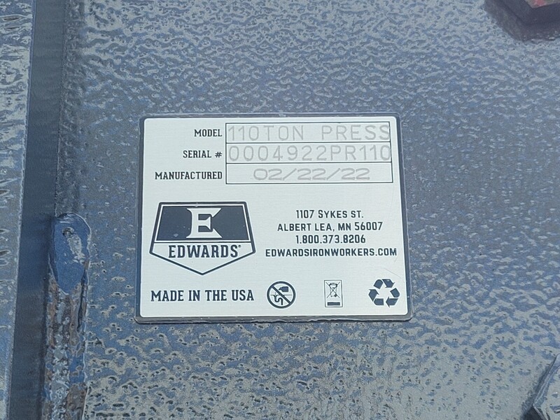 110 Ton, Edwards, shop press, 12.25" stroke, 4" cylinder, 37-7/16" x 48" bed, 2022 - Image 2