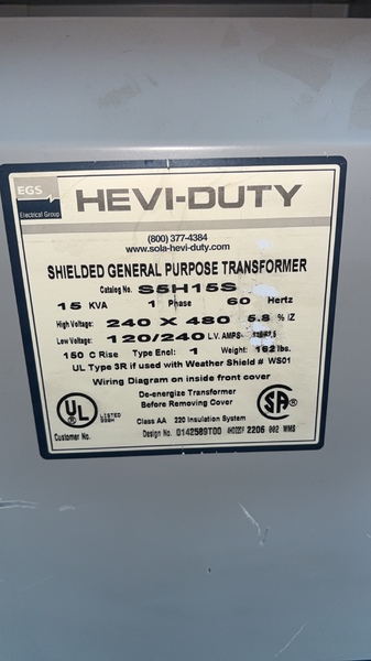 15 KVA 480 Primary, 126/62.5 Secondary, Hevi-Duty, with taps - Image 2