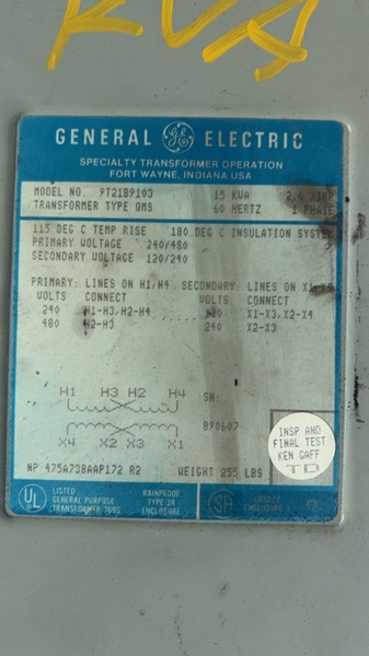 15 KVA 480 Primary, 240/120 Secondary, General Electric, with taps - Image 2
