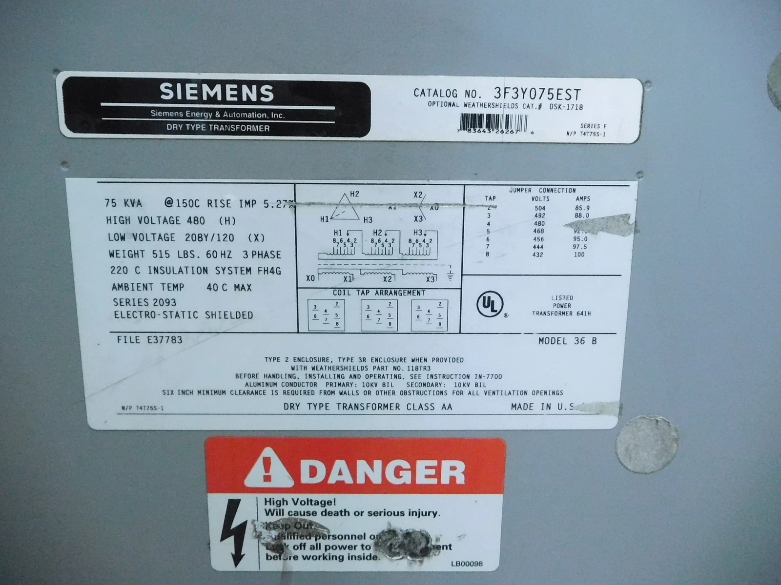 75 KVA 480 Primary, 208Y/120 Secondary, Siemens 3F3Y075EST, class AA, 1 yr warranty - Image 3