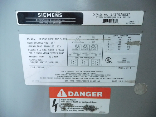 75 KVA 480 Primary, 208Y/120 Secondary, Siemens 3F3Y075EST, class AA, 1 yr warranty - Image 10