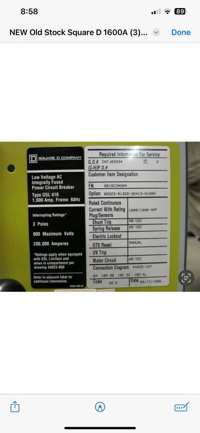 Square D DSL416, LSIG electrically operated breakers, RMS 810D, 8 breakers New old stock - Image 1
