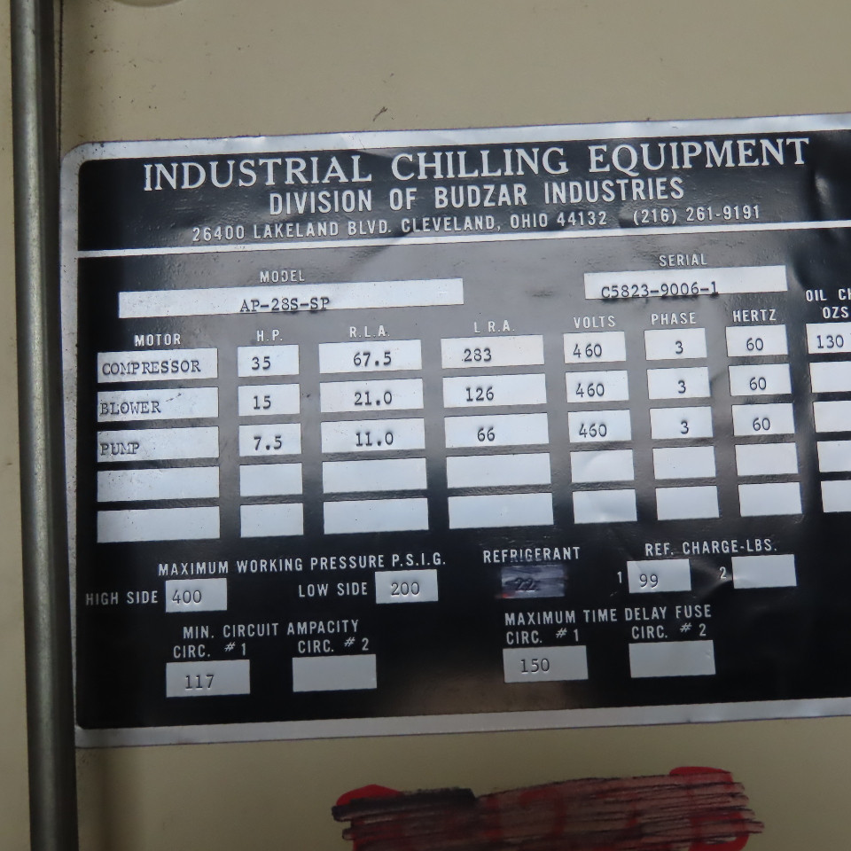 30 Ton, Budzar #AP-28S-SP, self contained air cooled chiller, 460 V., 800 BTU/Hr, R-422-B refrigerant - Image 2