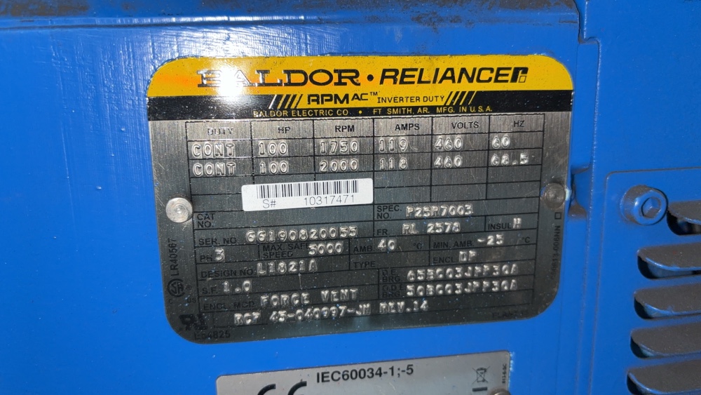 100 HP 1750 RPM Baldor, Frame RL2578, DP, 1.0 service factor, (2 available) - Image 2