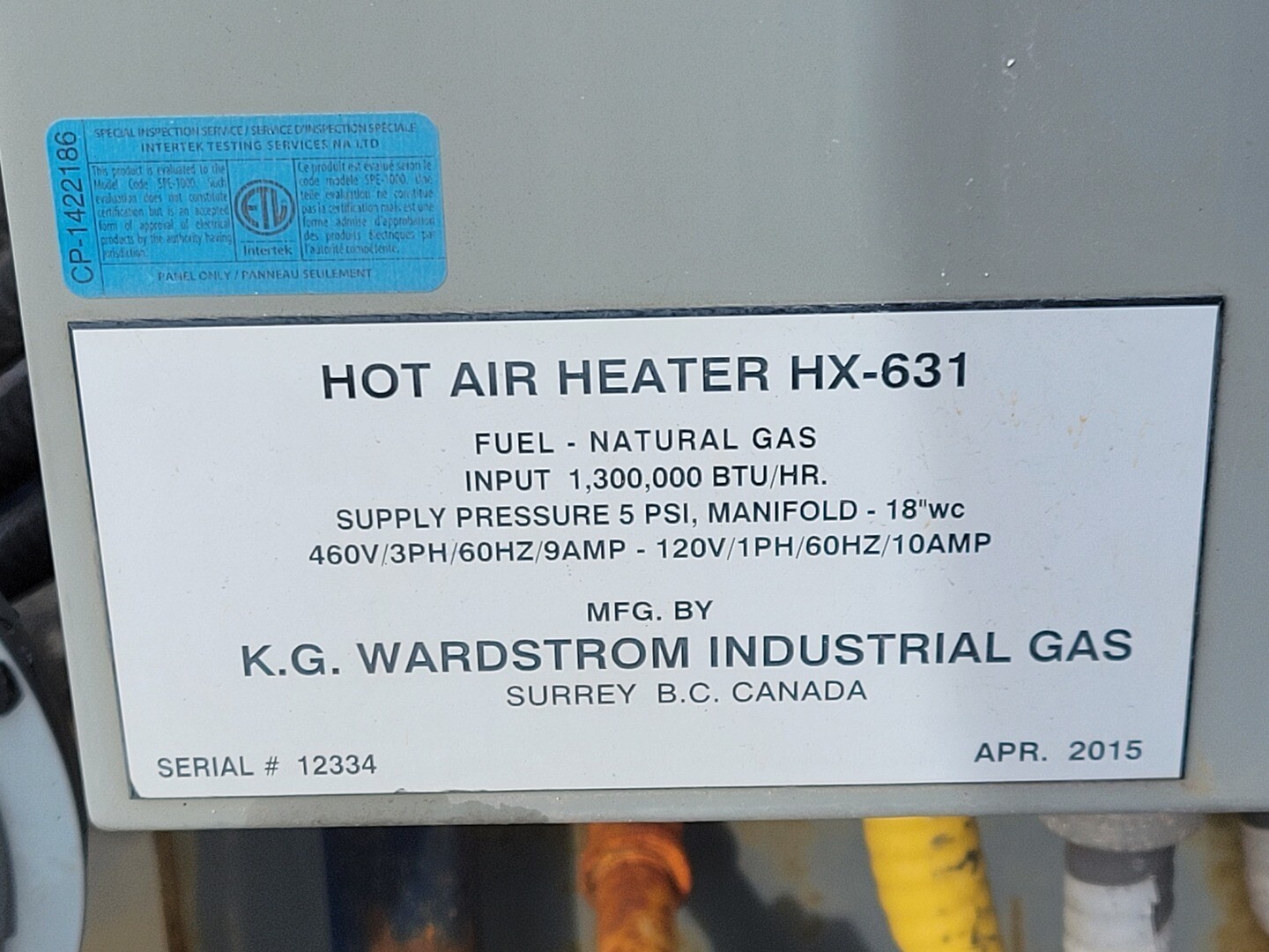 130000 BTU/Hr., K.G. Wardstrom Industrial Gas #HX-631, Hot Air Heater, Natural Gas, 2015 - Image 2