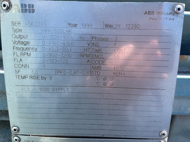 1000 HP 1200 RPM ABB, Frame 500L, TEFC BB, 4160 Volts (2 available) - Image 2