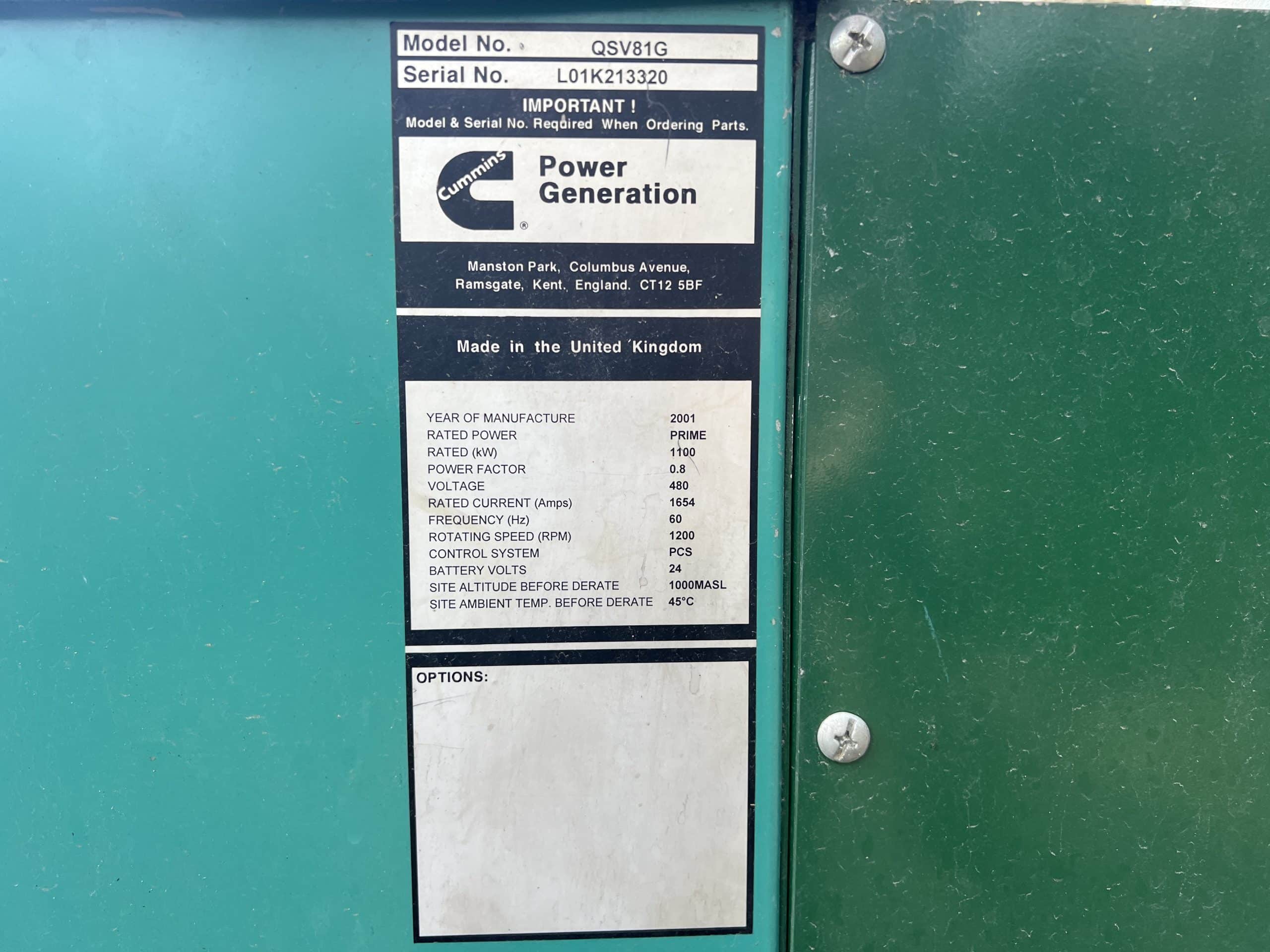1100 KW Cummins #QSV81G, Natural gas generator set, 277/480 Volts, 1550 HP @ 1200 RPM, Wartsila CW-81-G - Image 9