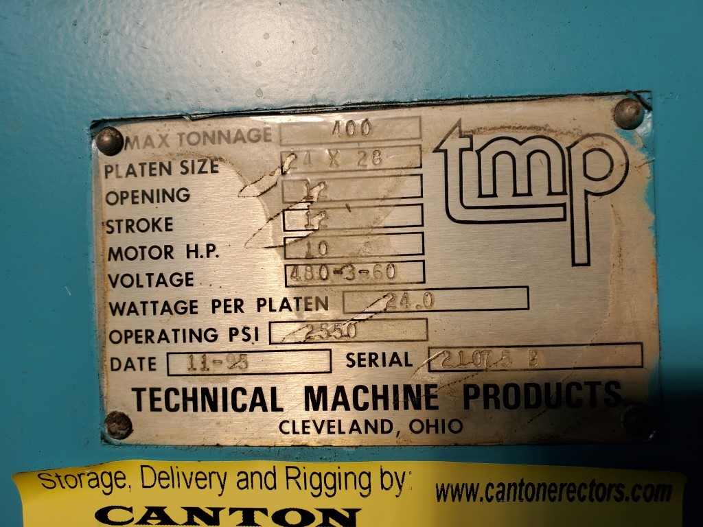 400 Ton, TMP French Oil, hydraulic press, 6 stroke, 12" DL, 24" x28", electric platen - Image 1