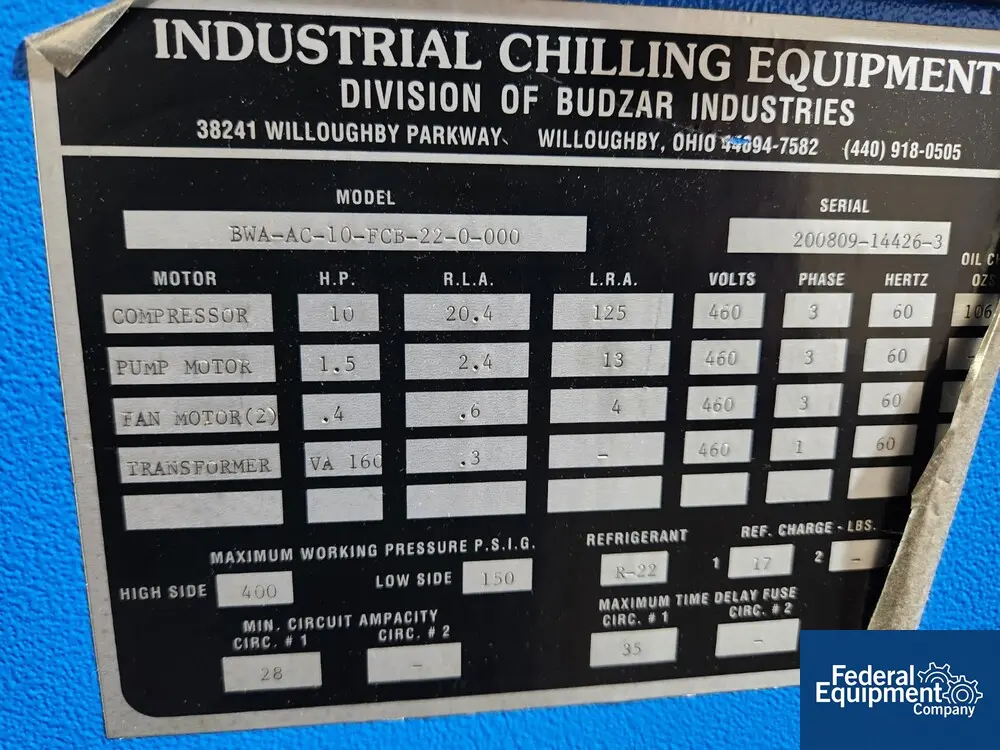 Budzar #BWA-AC-10-FCB-22-0-000, chiller, R-22 refrigerant, 10HP, 460V - Image 2