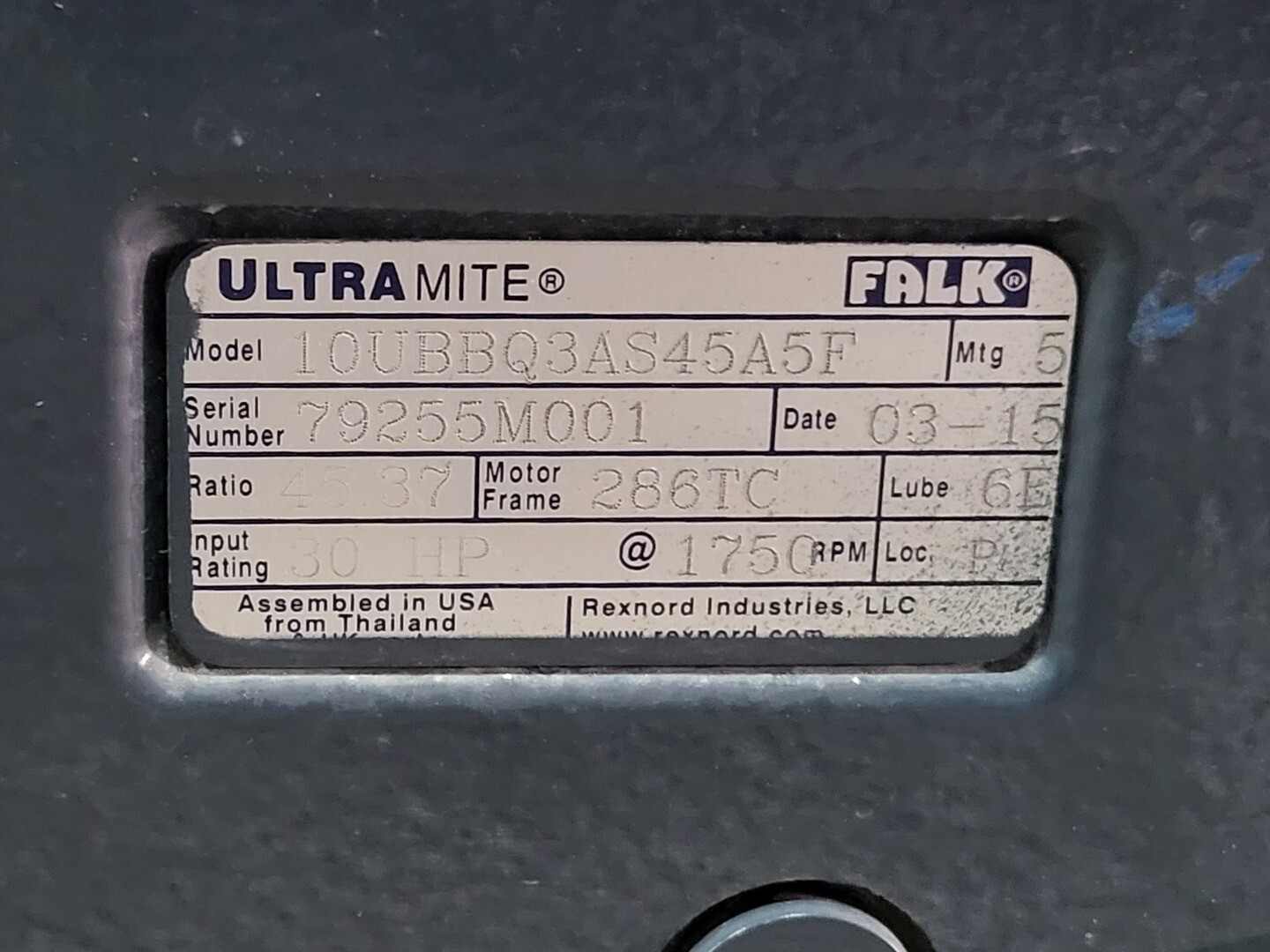 30 HP @ 1750 RPM, Falk Ultramite #10UBBQ3AS45A5F, gear reducer, 45.37/1 ratio, Frame 286TC, 2015 - Image 2