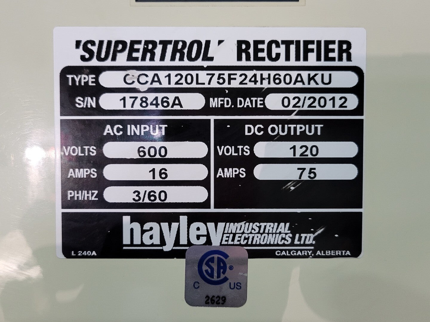 16 Amp. 120 VDC, 600 VAC, Hayley #CCA120L75F24H60AKU, supertrol rectifier, Magne-Sync inverter TBI-120/120-5 - Image 2
