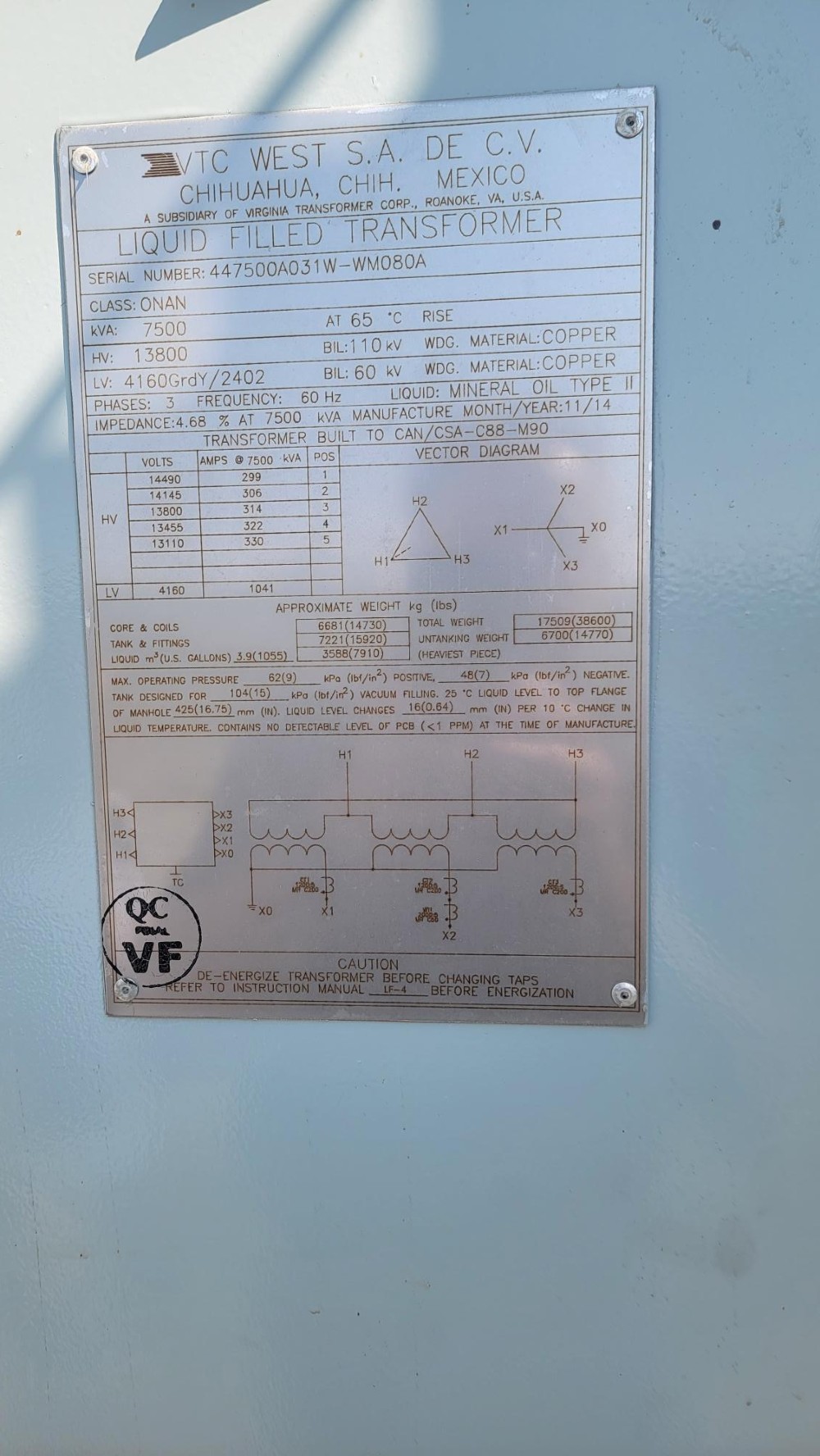 7500 KVA 13800 Primary, 4160/2400 Secondary, Virginia Transformer Transformer - Image 1