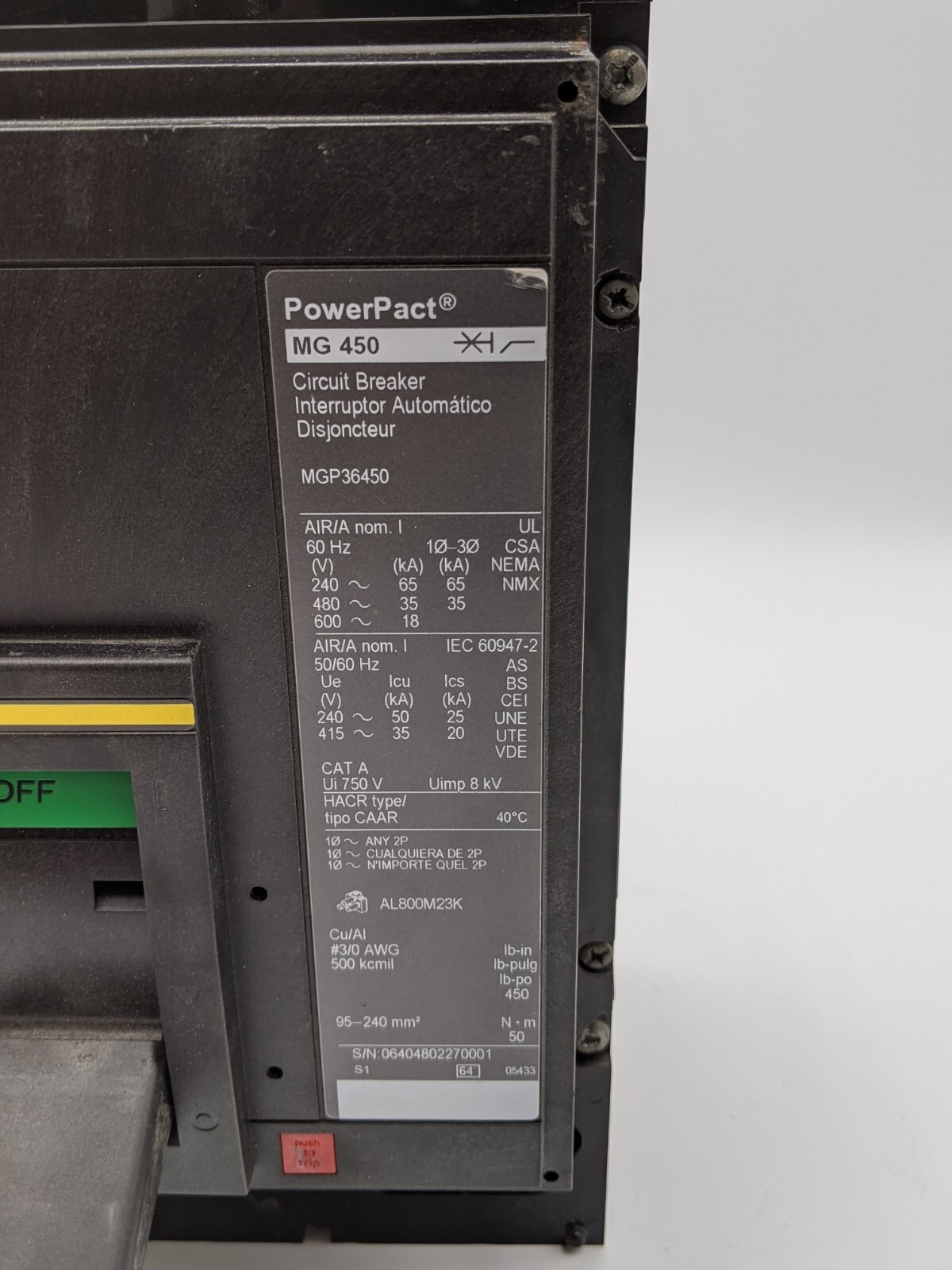 450 Amps, Square D, MGP36450, Bolt-On Circuit Breaker, 600 Volts 3P 3 phase - Image 3