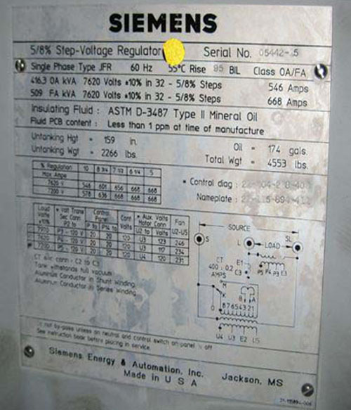 416/509 KVA, 7620 V, SIEMENS, OUTDOOR, OIL, TYPE JFR, 5/8 STEP, 95 KV BIL - Image 1