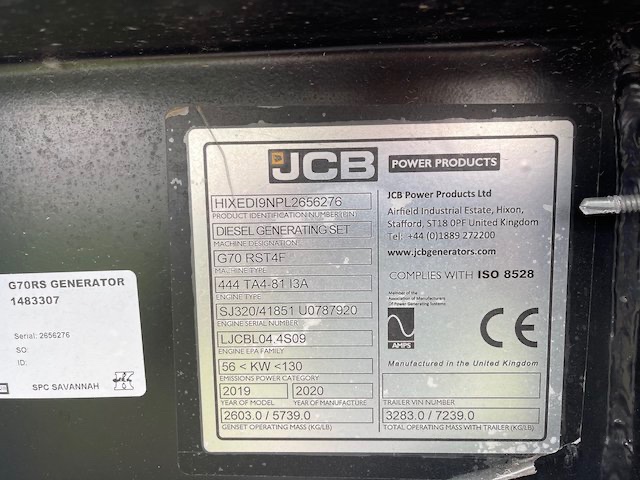 62 KW JCB #G70RS, diesel trailer mounted, Tier 4F, sound attenuated enclosure, 120/240/208/277/480 Volts - Image 8