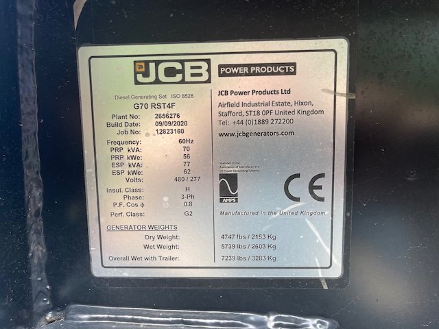 62 KW JCB #G70RS, diesel trailer mounted, Tier 4F, sound attenuated enclosure, 120/240/208/277/480 Volts - Image 9