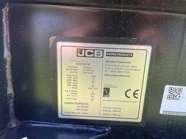 62 KW JCB #G70RS, diesel trailer mounted, Tier 4F, sound attenuated enclosure, 120/240/208/277/480 Volts, 586 - Image 7