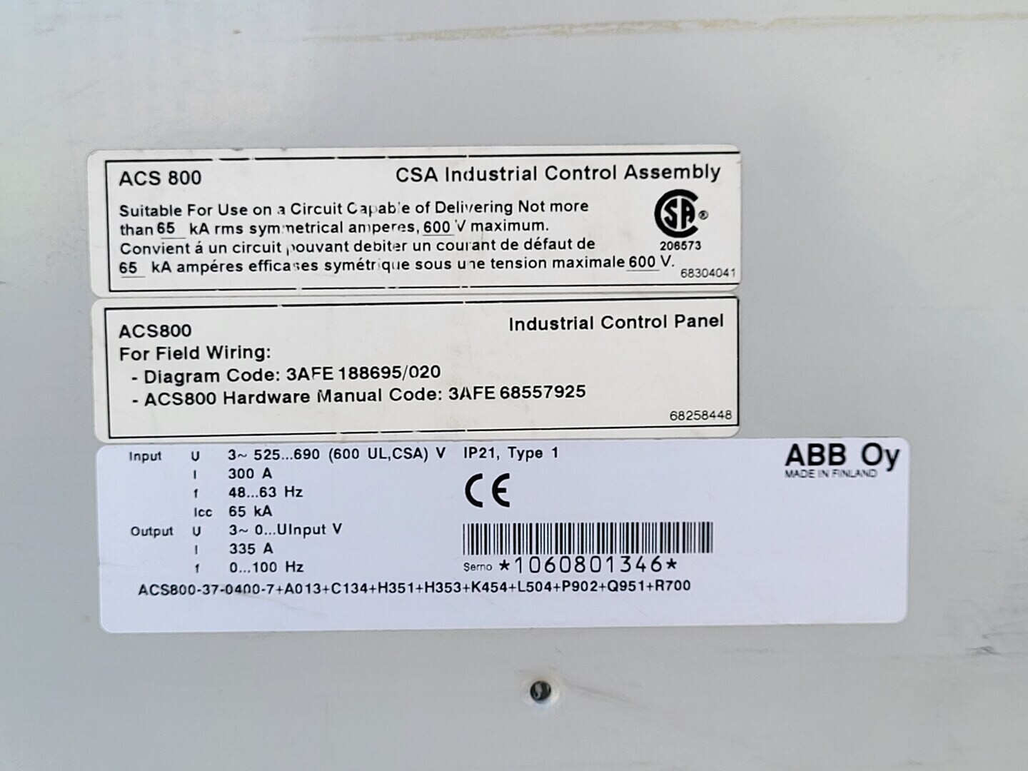 300 HP ABB, ACS800-37-0400-7, Variable Frequency Drive (VFD), 600 Volts, 300 amps, S/N 1060801346 - Image 2