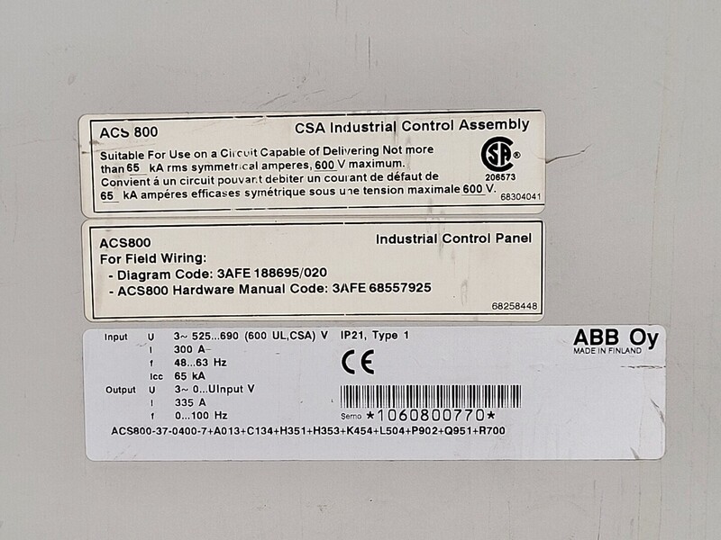300 HP ABB, ACS800-37-0400-7, Variable Frequency Drive (VFD), 600 Volts, 300 amps, S/N 1060800770 - Image 2