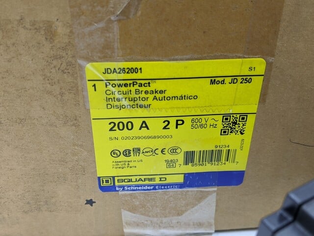 200 Amps, Square D, JDA262001, I-Line Circuit Breaker, 2 Pole, 1 phase, 600 Volts - Image 2
