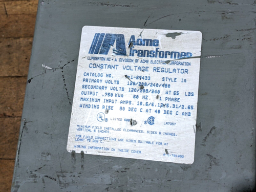 .750 KVA, ACME T-1-69433, Transformer, 120/208/240/480 V, Single Phase, 60 Hz, Style IA - Image 2