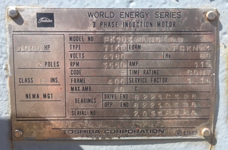 1000 HP 3600 RPM Toshiba, Frame 400, TEFC TC, BB, 1.15 service factor, 4160 Volts - Image 1