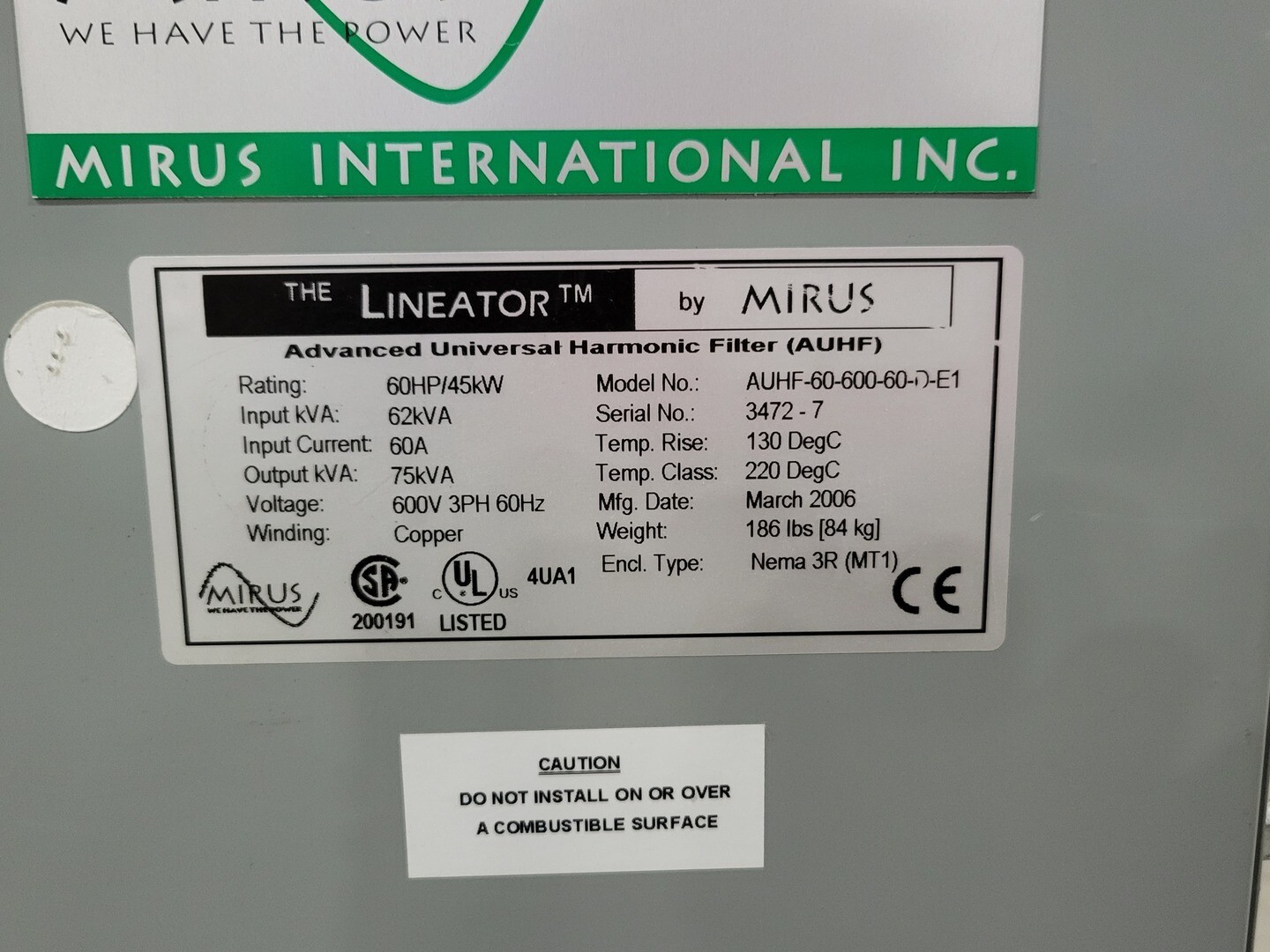 Mirus #AUHF-60-600-60-D-E1, Harmonic Filter, 600 V, 60 HP, 62 kVA, 60 Amps, 3 phase, 2006 - Image 2