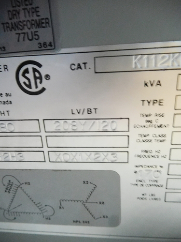 112.5 KVA 480 Primary, 208/120 Secondary, Hammond K112KB, type K, dry type, 1 yr warranty - Image 8