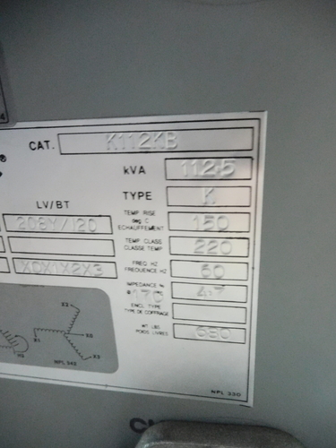 112.5 KVA 480 Primary, 208/120 Secondary, Hammond K112KB, type K, dry type, 1 yr warranty - Image 9