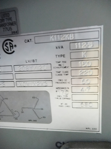 112.5 KVA 480 Primary, 208/120 Secondary, Hammond K112KB, type K, dry type, 1 yr warranty - Image 10