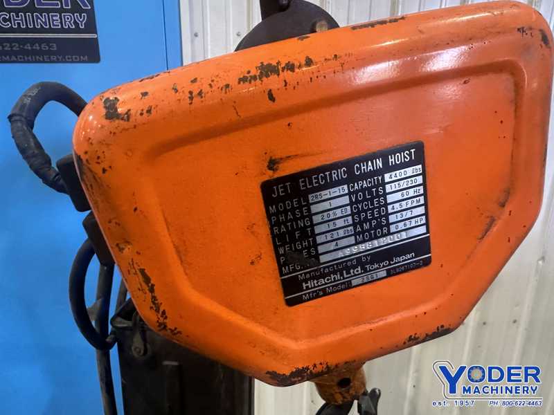 2 Ton, Jet #2RS-1-15, electric chain hoist with trolley, 15' lifting height, pendant Control, chain box, 1999 - Image 3