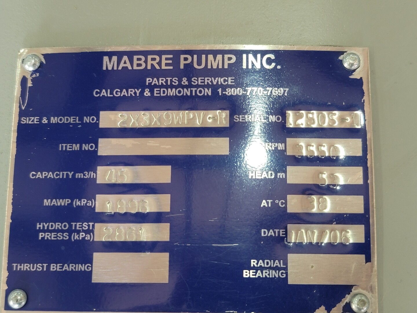 165 GPM, Mabre Pump #WPV-R, Centrifugal Process Pump, 53 m head, 3550 RPM, 275 psi, 2" x 3" x 9", 2006 - Image 2
