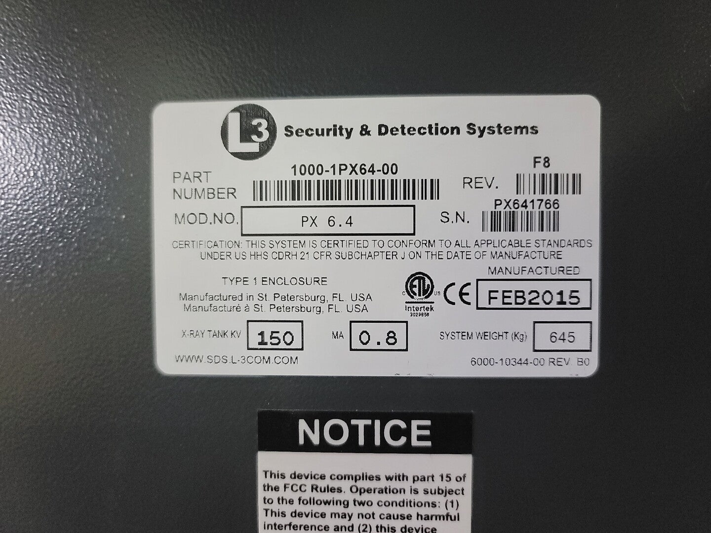 L3 Communication s #PX6.4, Mail & Parcel X-Ray Scanner, 64 cm width x 43 cm H Tunnel, 150 Tank KV, 2015 - Image 2