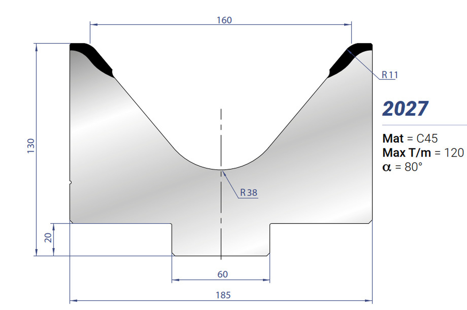 31.7" L x 5.12" H, Eurostamp #2027, 80 Degree Single V Die, 6.3" V, Bottom Die, Flame Hardened - Image 1
