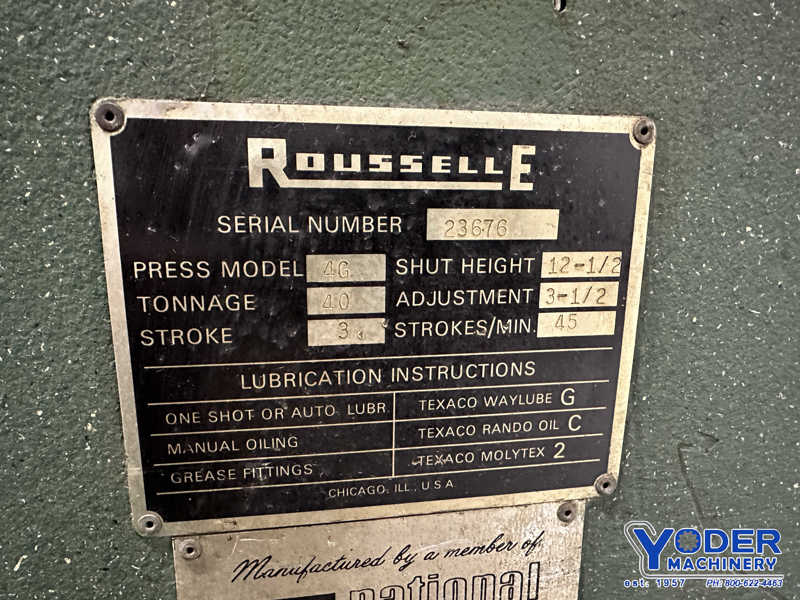 40 Ton, Rousselle #4G, back geared press, 3" stroke, 13" Shut Height, air clutch & brake, 5 HP, 45 SPM - Image 9