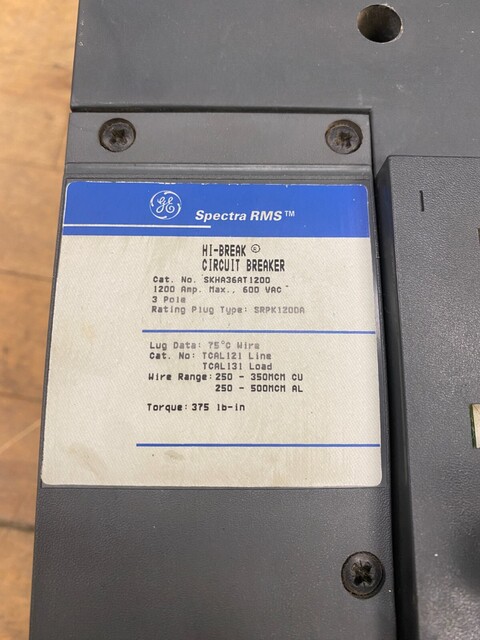1200 Amps, General Electric, SKHA36AT1200, HI-Break Circuit Breaker, 600V 3P 3PH Plug SRP1200A 1000A - Image 2