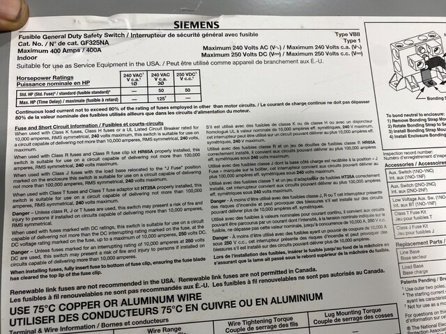Siemens GF325NA Safety Disconnect Switch 400A 3P 240V 3PH 125HP Max CAN SHIP - Image 2