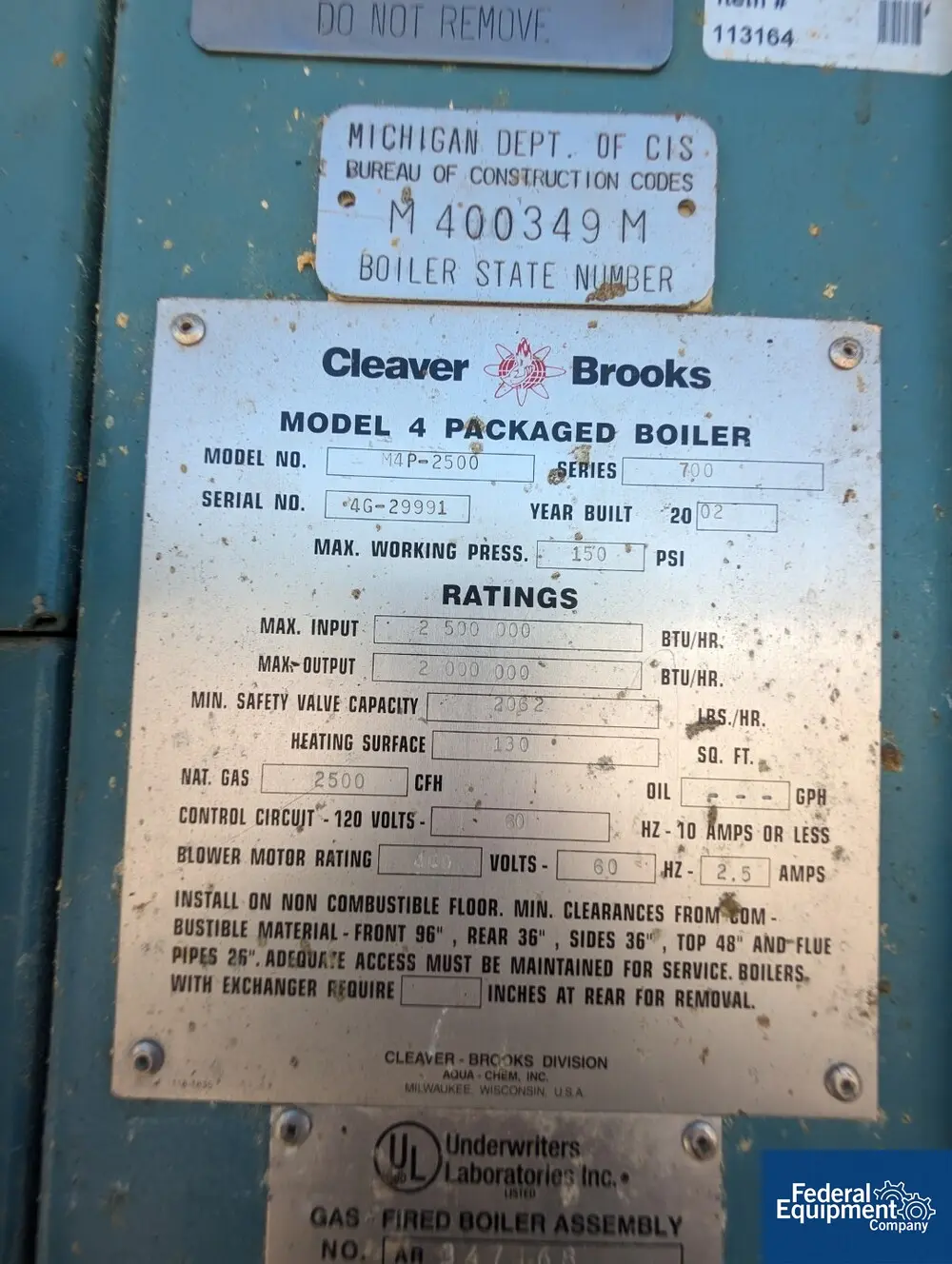 Cleaver Brooks #M4P-2500, Water Tube Boiler, 59 HP, 2.5 million btu input, 2 million btu output, 2002 - Image 5