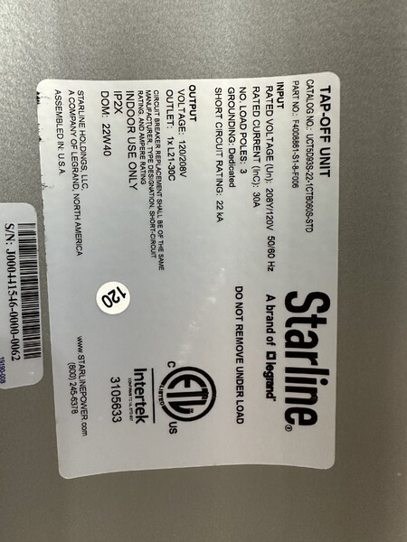 30 Amps, Starline, tap off 208Y/120 - Image 1
