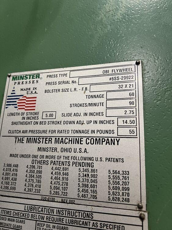60 Ton, Minster #6SS, OBI press, 5" stroke, 14.5" Shut Height, air clutch & brake, 90 SPM, 2001 - Image 5