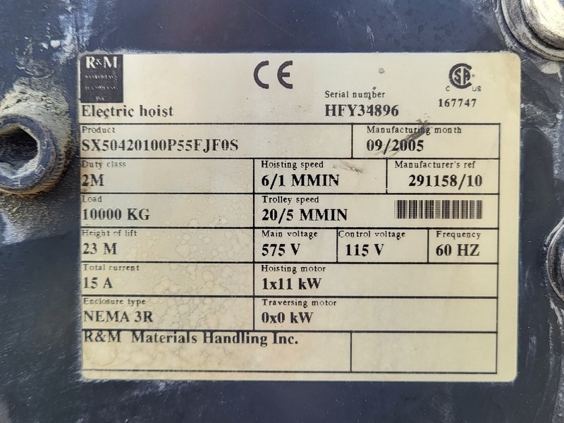 50 Ton, R & M Material Handling Spacemaster #SX70620500P65END0F, wire rope electric hoist, dual speed, 2005 - Image 3