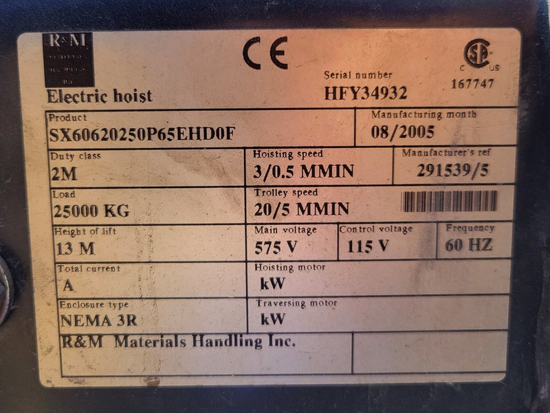 25 Ton, R & M Material Handling Spacemaster #SX60620250P65EHD0F, wire rope electric hoist, dual speed, 2005 - Image 2
