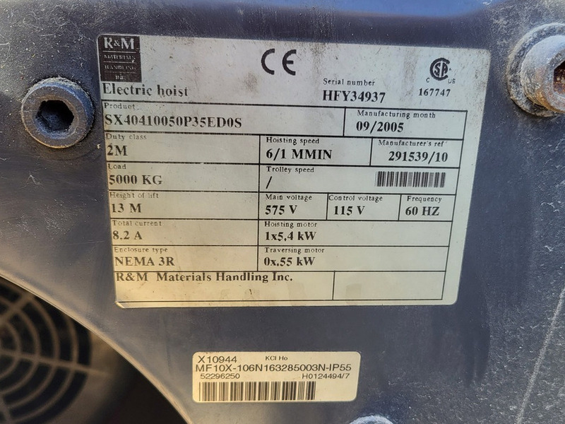 25 Ton, R & M Material Handling Spacemaster #SX60620250P65EHD0F, wire rope electric hoist, dual speed, 2005 - Image 3